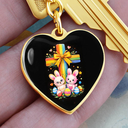 Easter Bunnies & Eggs Rainbow Cross Heart Keychain – Christian Gift for Kids