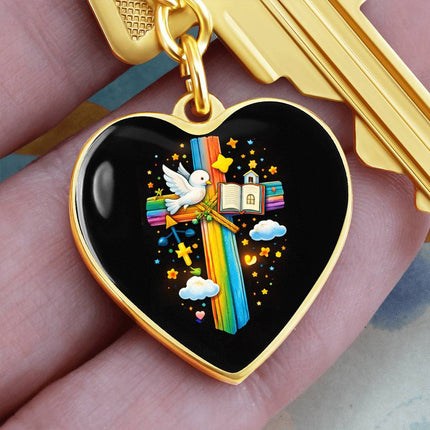 Dove & Open Bible Rainbow Cross Heart Keychain – Christian Gift for Kids