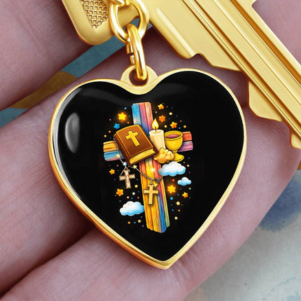 First Communion Bible & Chalice Rainbow Cross Heart Keychain – Christian Gift for Kids