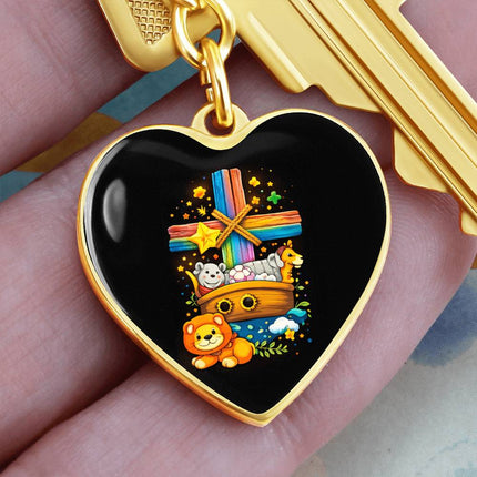 Noah's Ark Rainbow Cross Heart Keychain – Christian Gift for Kids