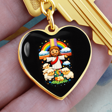 Jesus With the Sheep - Graphic Heart Keychain – Christian Gift for Kids