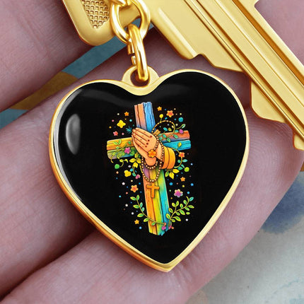 Praying Hands & Rosary Rainbow Cross Heart Keychain – Christian Gift for Kids