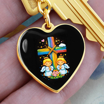 Praying Angels Rainbow Cross Heart Keychain – Christian Gift for Kids