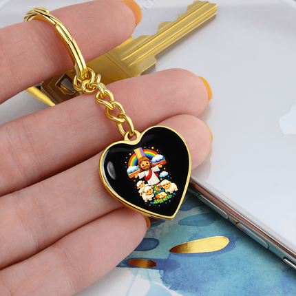 Jesus With the Sheep - Graphic Heart Keychain – Christian Gift for Kids