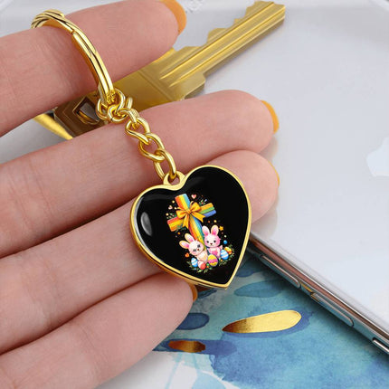 Easter Bunnies & Eggs Rainbow Cross Heart Keychain – Christian Gift for Kids