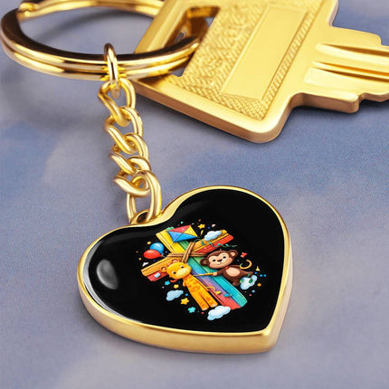 Giraffe & Monkey Rainbow Cross Heart Keychain – Christian Gift for Kids