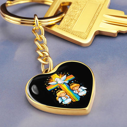 Dove & Praying Angels Rainbow Cross Heart Keychain – Christian Gift for Kids