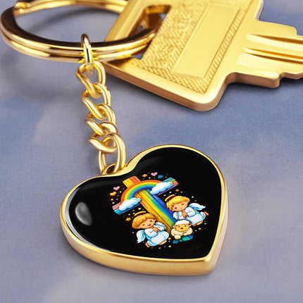 Angels & Lamb Rainbow Cross Heart Keychain – Christian Gift for Kids