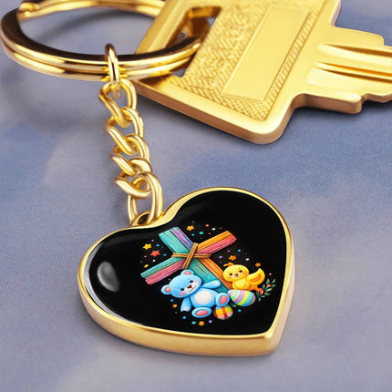 Rainbow Cross Teddy Bear & Chick Heart Keychain – Christian Gift for Kids