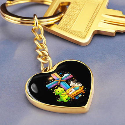 Baby Jesus Nativity & Dino Rainbow Cross Heart Keychain – Christian Gift for Kids