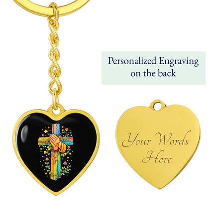 Praying Hands & Rosary Rainbow Cross Heart Keychain – Christian Gift for Kids