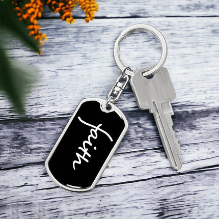 Faith Dog Tag Keychain | Black Christian Keychain Gift (Gold Trim)