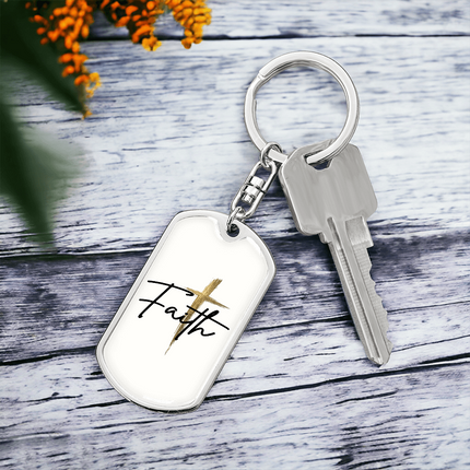 Faith Cross Gold Christian Dog Tag Keychain | Graphic Keychain Gift