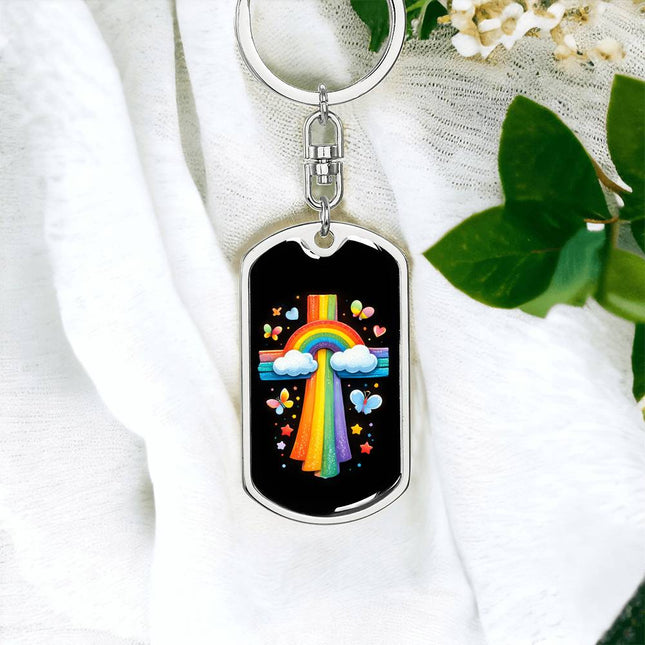 Rainbow Cross Butterfly | Christian Dog Tag | Gift for Kids