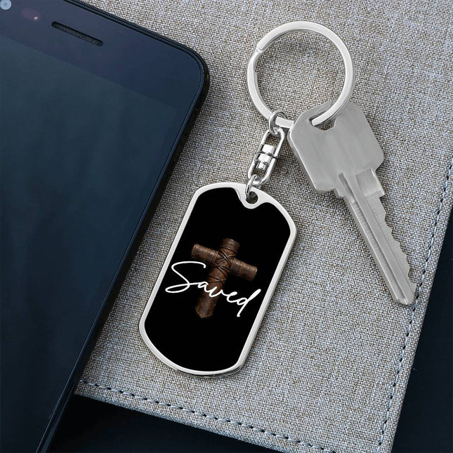 Saved Cross Dog Tag Keychain – Christian Gift for Men