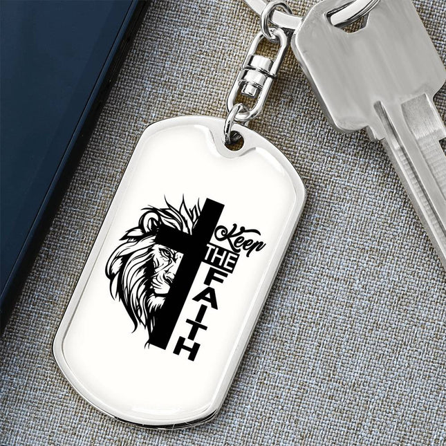 Keep The Faith Lion Cross | Christian Dog Tag Keychain | Gift for Her