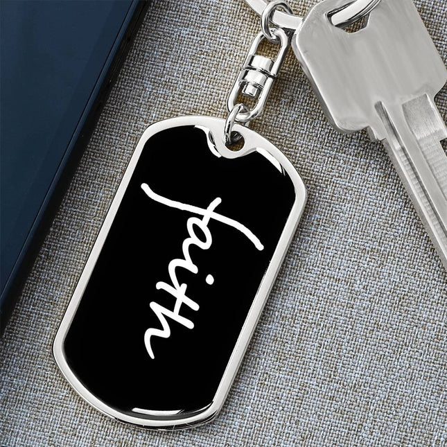 Faith Dog Tag Keychain | Black Christian Keychain Gift (Gold Trim)