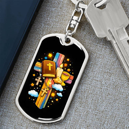 Keep The Faith Lion Cross Dog Tag Keychain – Christian Gift for Teens & Adults