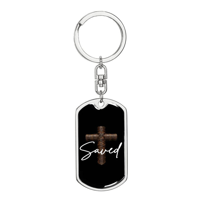 Saved Cross Dog Tag Keychain – Christian Gift for Men