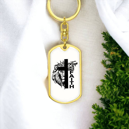 Modern Christian dog tag keychain with Faith design — "Do it all in love" — a faith-forward gift for women