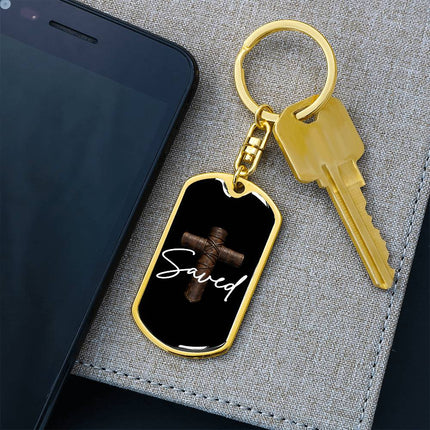 Saved Cross Dog Tag Keychain – Christian Gift for Men