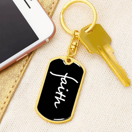 Faith Dog Tag Keychain | Black Christian Keychain Gift (Gold Trim)