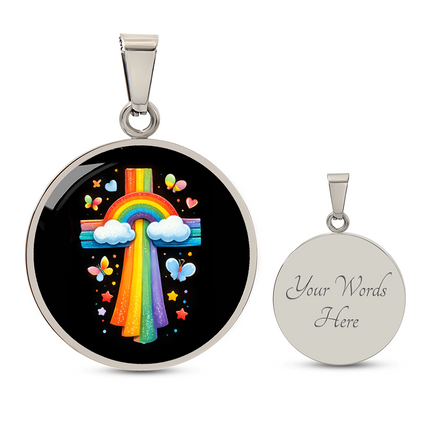 Rainbow & Butterflies Cross Circle Necklace – Christian Gift for Kids