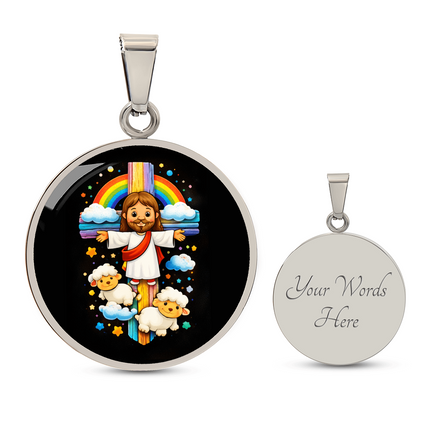 Jesus & Little Lambs Circle Necklace – Christian Gift for Kids