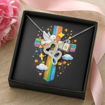 Rainbow Cross Open Bible | Christian Heart-to-Heart Pendant Necklace | Gift for Kids