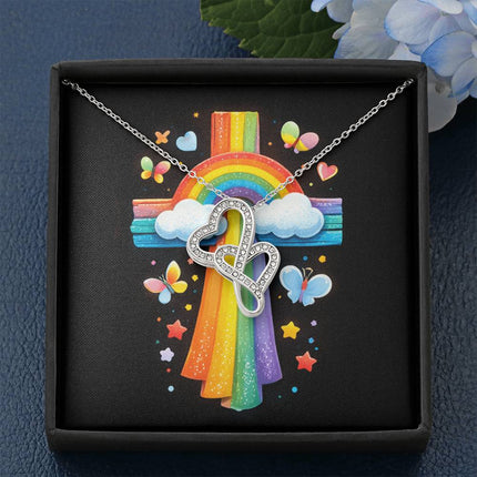 Rainbow Cross Butterfly | Christian Heart-to-Heart Pendant Necklace | Gift for Kids