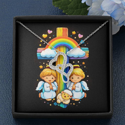 Rainbow Cross Cherub Angels | Christian Heart-to-Heart Pendant Necklace | Gift for Kids
