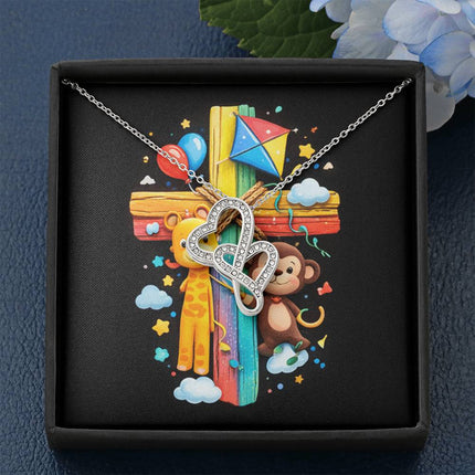 Rainbow Cross Jungle Animals | Christian Heart-to-Heart Pendant Necklace | Gift for Kids