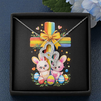 Rainbow Cross Bunnies | Christian Heart-to-Heart Pendant Necklace | Gift for Kids