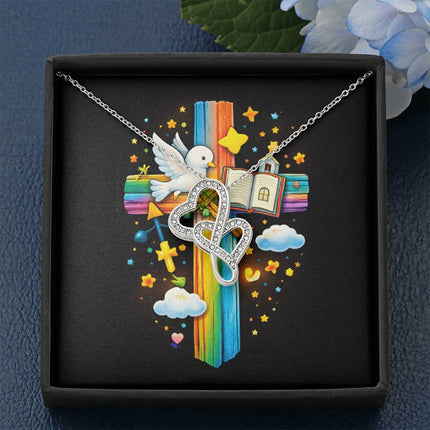 Rainbow Cross Open Bible | Christian Heart-to-Heart Pendant Necklace | Gift for Kids