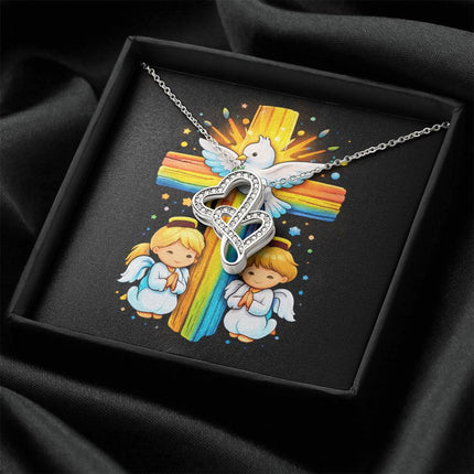 Rainbow Cross Angels And Dove | Christian Heart-to-Heart Pendant Necklace | Gift for Kids