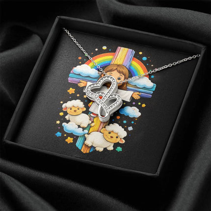 Rainbow Cross Jesus And Lamb | Christian Heart-to-Heart Pendant Necklace | Gift for Kids