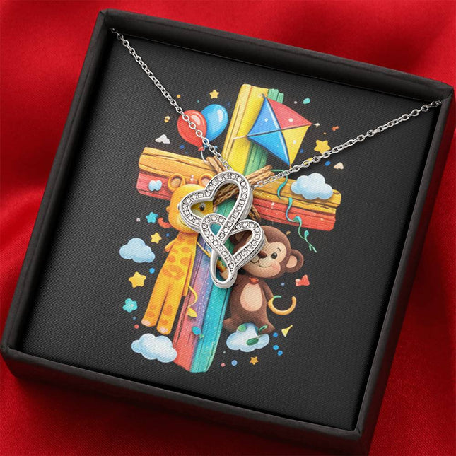 Rainbow Cross Jungle Animals | Christian Heart-to-Heart Pendant Necklace | Gift for Kids