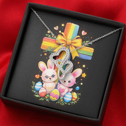Rainbow Cross Bunnies | Christian Heart-to-Heart Pendant Necklace | Gift for Kids