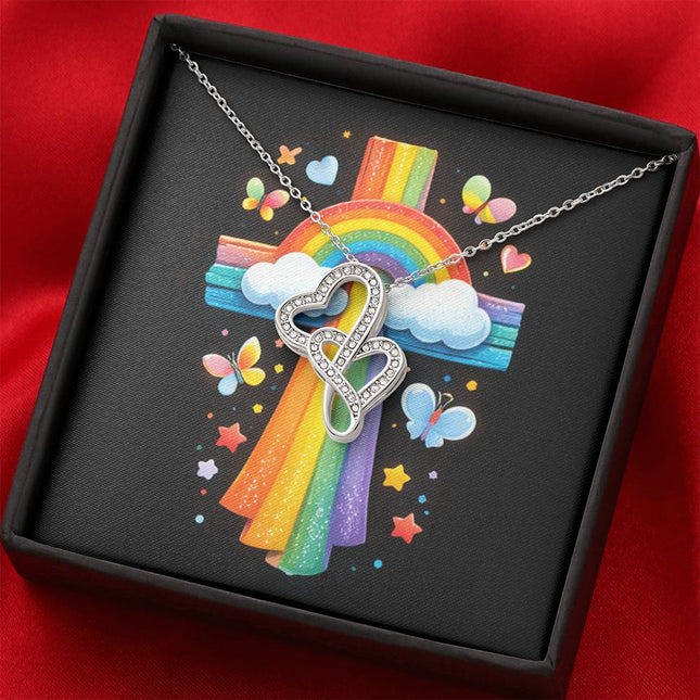 Rainbow Cross Butterfly | Christian Heart-to-Heart Pendant Necklace | Gift for Kids