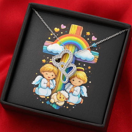 Rainbow Cross Cherub Angels | Christian Heart-to-Heart Pendant Necklace | Gift for Kids