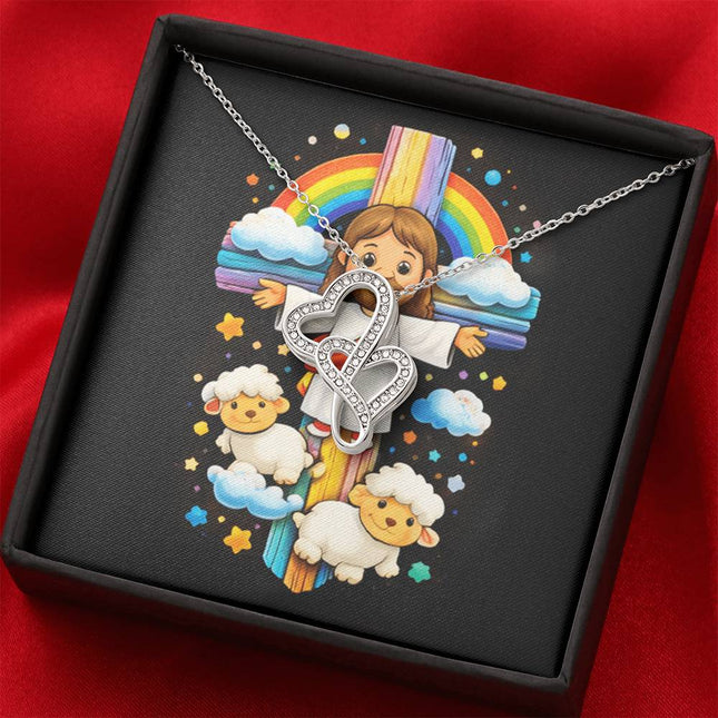 Rainbow Cross Jesus And Lamb | Christian Heart-to-Heart Pendant Necklace | Gift for Kids