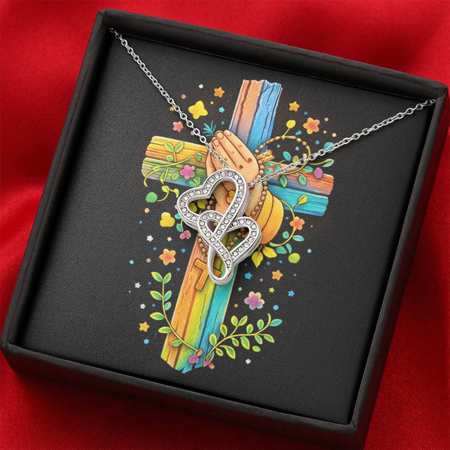Rainbow Cross Praying Hands | Christian Heart-to-Heart Pendant Necklace | Gift for Kids