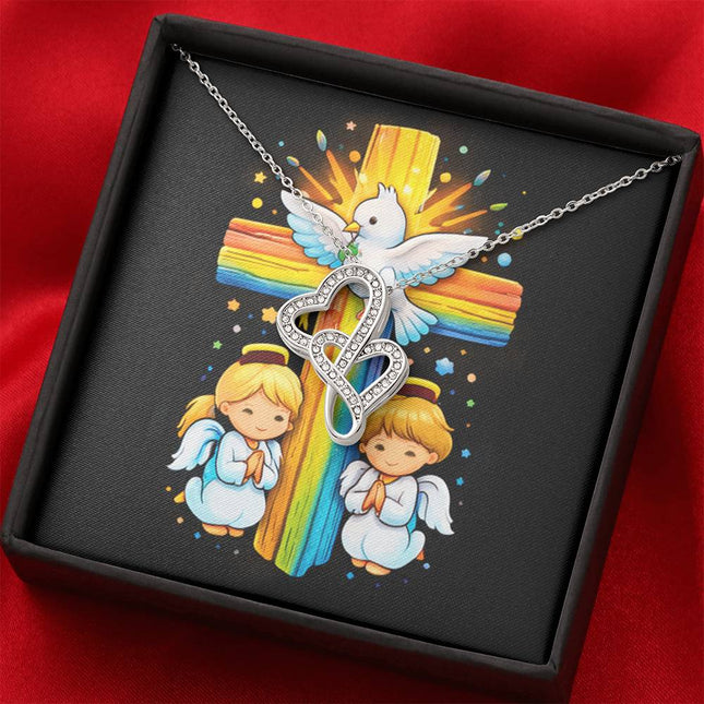 Rainbow Cross Angels And Dove | Christian Heart-to-Heart Pendant Necklace | Gift for Kids