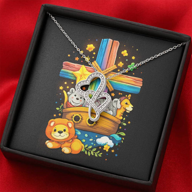 Rainbow Cross Noahs Ark | Christian Heart-to-Heart Pendant Necklace | Gift for Kids