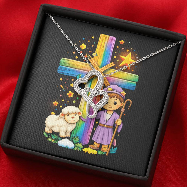Rainbow Cross Little Shepherd | Christian Heart-to-Heart Pendant Necklace | Gift for Kids