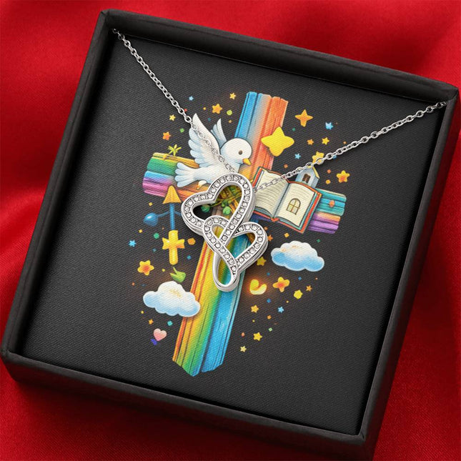 Rainbow Cross Open Bible | Christian Heart-to-Heart Pendant Necklace | Gift for Kids