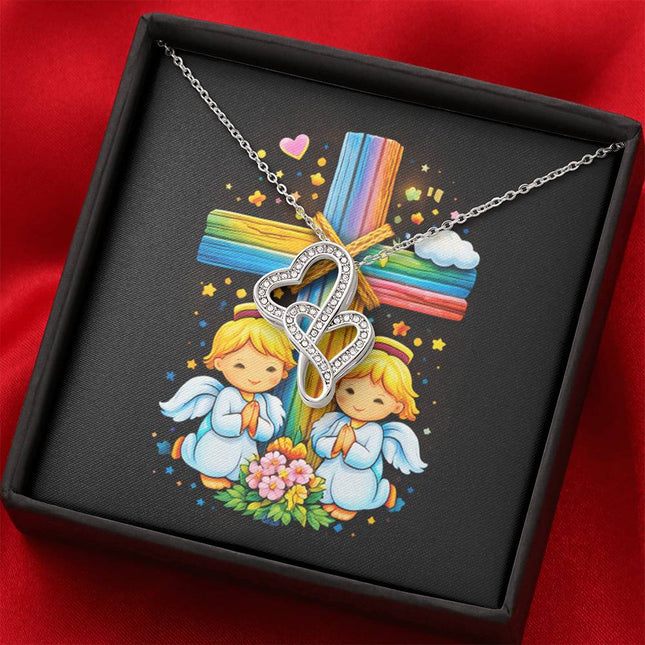 Rainbow Cross Angel Twins | Christian Heart-to-Heart Pendant Necklace | Gift for Kids