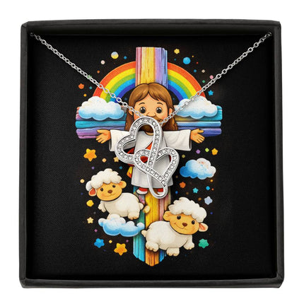 Rainbow Cross Jesus And Lamb | Christian Heart-to-Heart Pendant Necklace | Gift for Kids