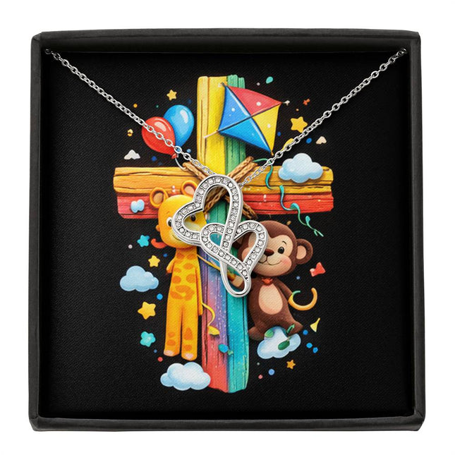 Rainbow Cross Jungle Animals | Christian Heart-to-Heart Pendant Necklace | Gift for Kids