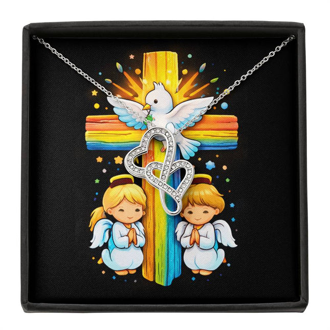 Rainbow Cross Angels And Dove | Christian Heart-to-Heart Pendant Necklace | Gift for Kids